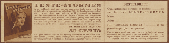 717377 Advertentie van het weekblad 'Utrecht in Woord en Beeld', Boothstraat3 te Utrecht, voor het boek 'Lentestormen', ...